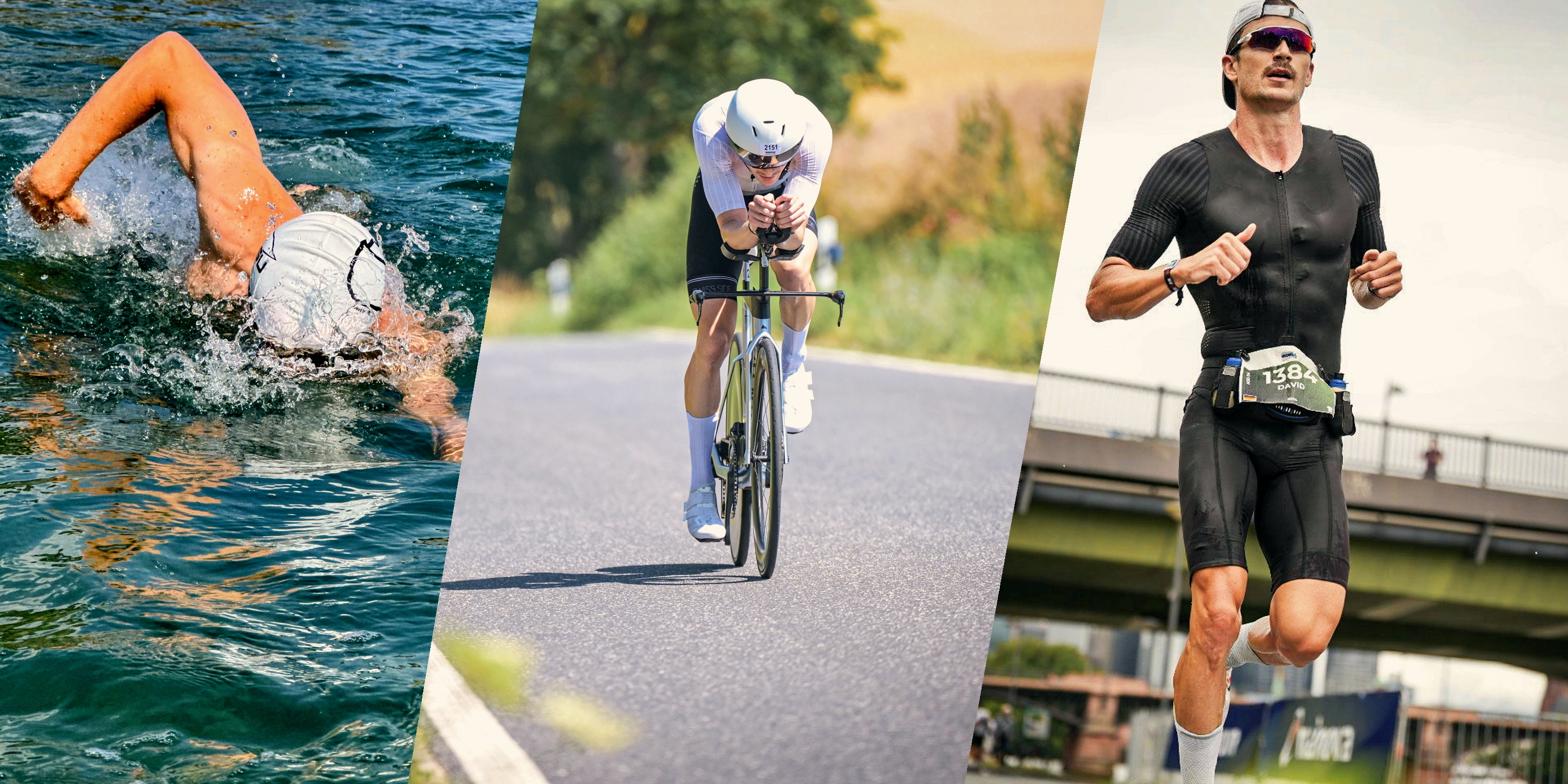 Schwimmen, Radfahren und Laufen als Hero Collage
